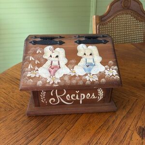 Hand-Painted Wooden Recipe Box with Cute Bunny Motif - Brown